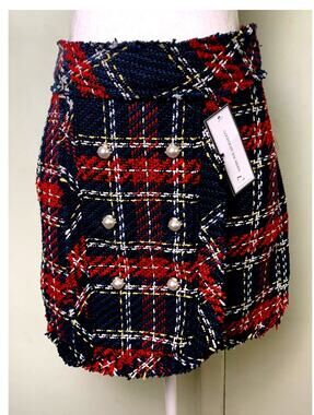 Goodnight Macaroon Asymmetric Tweed Plaid Skirt NWT Large Pearl Accents Fall